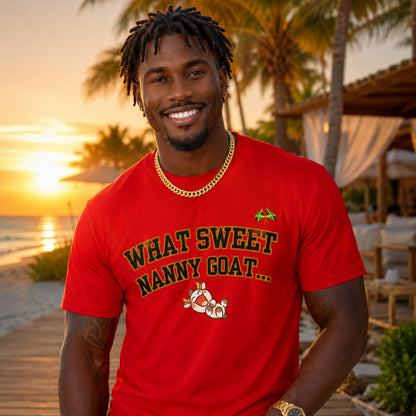 What Sweet Nanny Goat Tee — Cute Vintage Goat Graphic T-Shirt ("Wah sweet nanny goat a go run 'im belly")