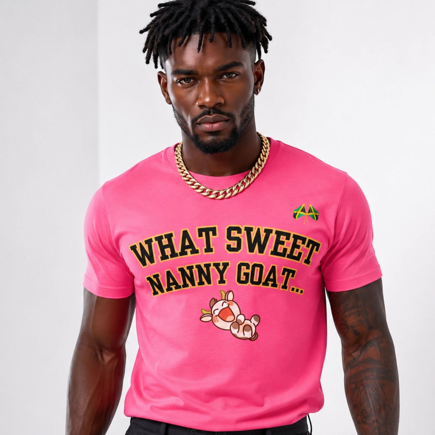 What Sweet Nanny Goat Tee — Cute Vintage Goat Graphic T-Shirt ("Wah sweet nanny goat a go run 'im belly")