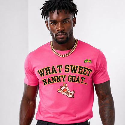 What Sweet Nanny Goat Tee — Cute Vintage Goat Graphic T-Shirt ("Wah sweet nanny goat a go run 'im belly")