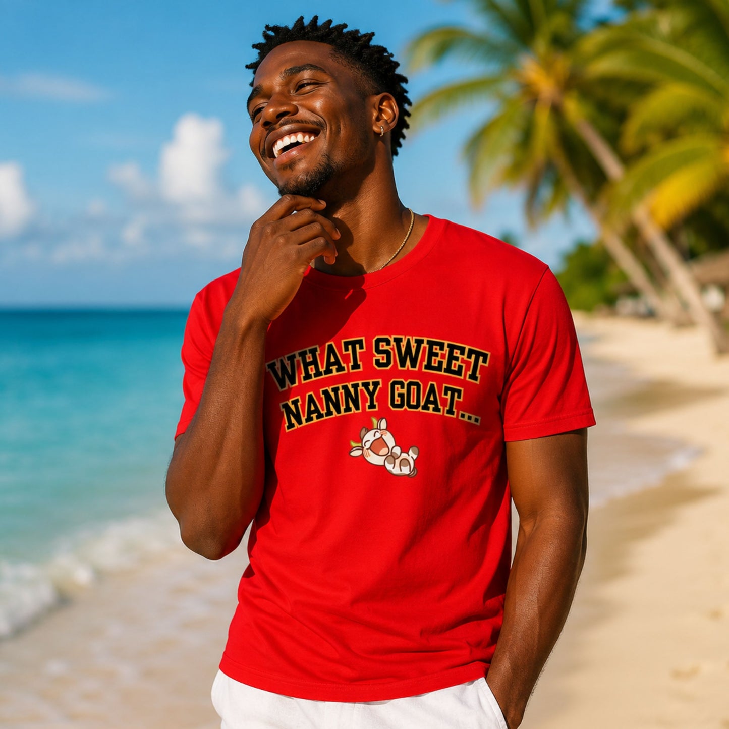 What Sweet Nanny Goat Tee — Cute Vintage Goat Graphic T-Shirt ("Wah sweet nanny goat a go run 'im belly")