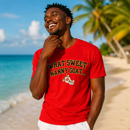 What Sweet Nanny Goat Tee — Cute Vintage Goat Graphic T-Shirt ("Wah sweet nanny goat a go run 'im belly")