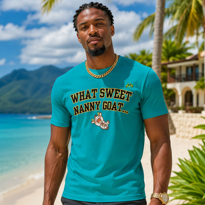 What Sweet Nanny Goat Tee — Cute Vintage Goat Graphic T-Shirt ("Wah sweet nanny goat a go run 'im belly")
