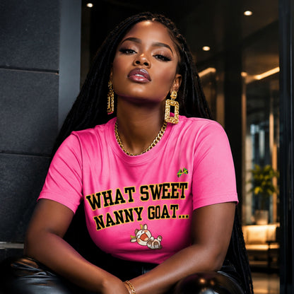 What Sweet Nanny Goat Tee — Cute Vintage Goat Graphic T-Shirt ("Wah sweet nanny goat a go run 'im belly")