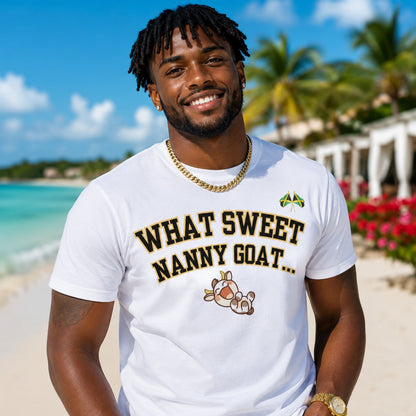 What Sweet Nanny Goat Tee — Cute Vintage Goat Graphic T-Shirt ("Wah sweet nanny goat a go run 'im belly")