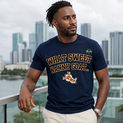What Sweet Nanny Goat Tee — Cute Vintage Goat Graphic T-Shirt ("Wah sweet nanny goat a go run 'im belly")