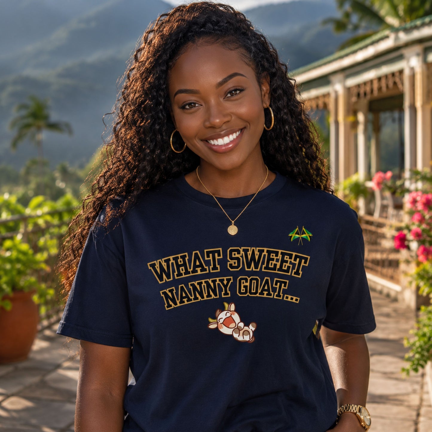 What Sweet Nanny Goat Tee — Cute Vintage Goat Graphic T-Shirt ("Wah sweet nanny goat a go run 'im belly")