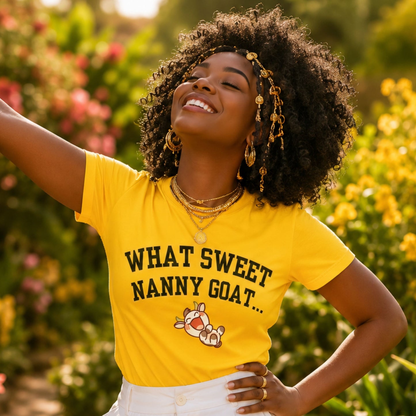 What Sweet Nanny Goat Tee — Cute Vintage Goat Graphic T-Shirt ("Wah sweet nanny goat a go run 'im belly")