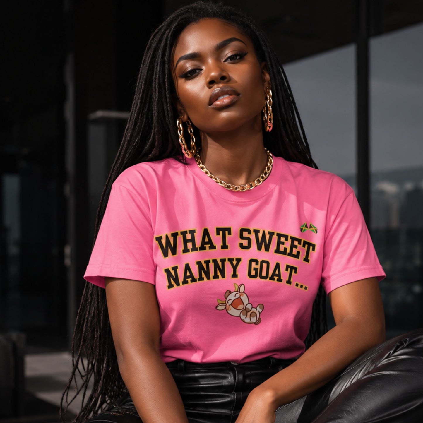 What Sweet Nanny Goat Tee — Cute Vintage Goat Graphic T-Shirt ("Wah sweet nanny goat a go run 'im belly")