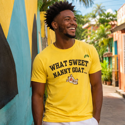 What Sweet Nanny Goat Tee — Cute Vintage Goat Graphic T-Shirt ("Wah sweet nanny goat a go run 'im belly")
