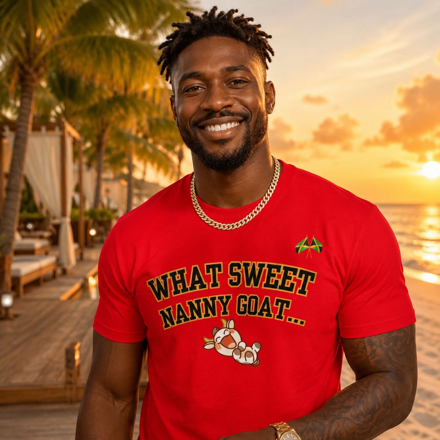 What Sweet Nanny Goat Tee — Cute Vintage Goat Graphic T-Shirt ("Wah sweet nanny goat a go run 'im belly")