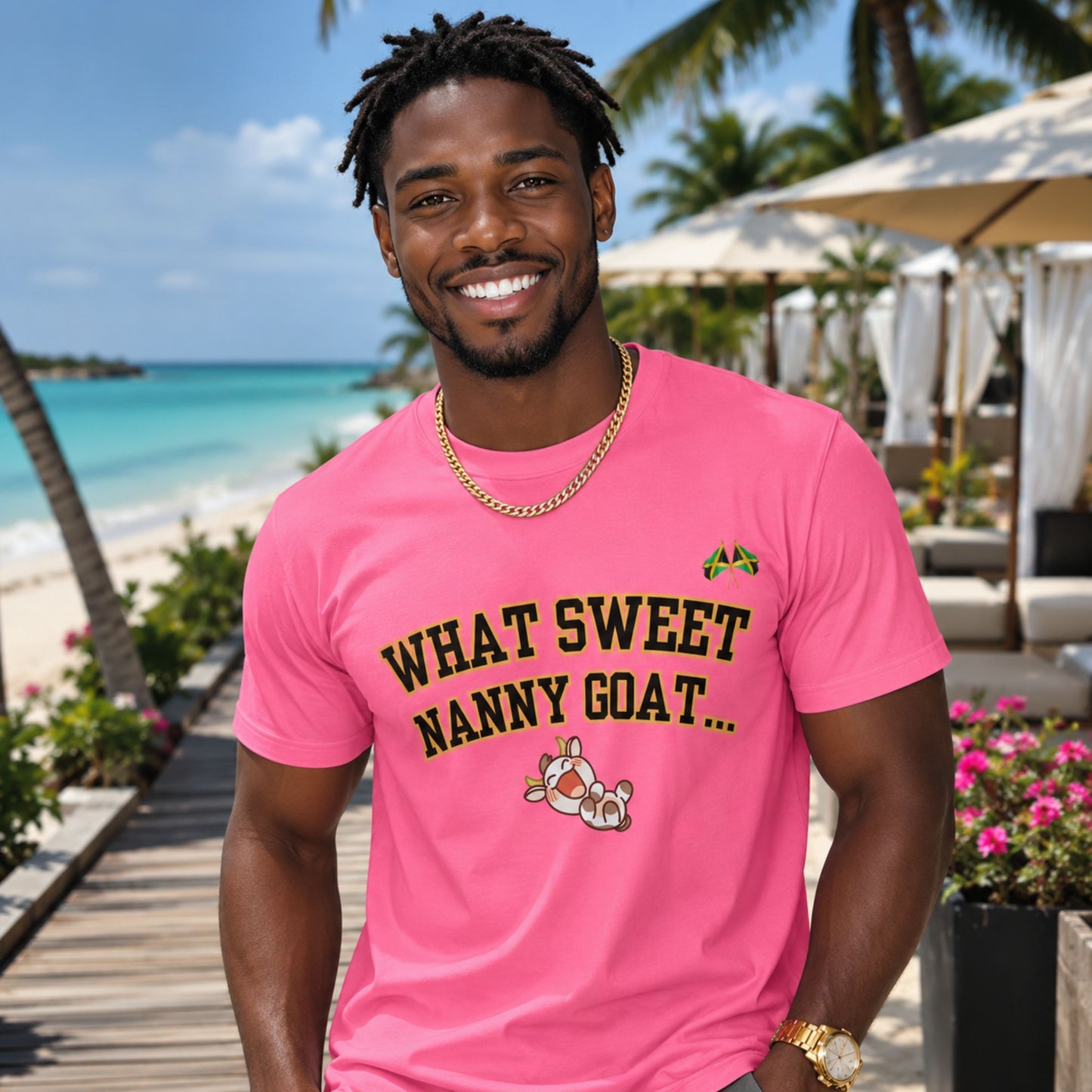 What Sweet Nanny Goat Tee — Cute Vintage Goat Graphic T-Shirt ("Wah sweet nanny goat a go run 'im belly")