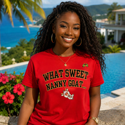 What Sweet Nanny Goat Tee — Cute Vintage Goat Graphic T-Shirt ("Wah sweet nanny goat a go run 'im belly")